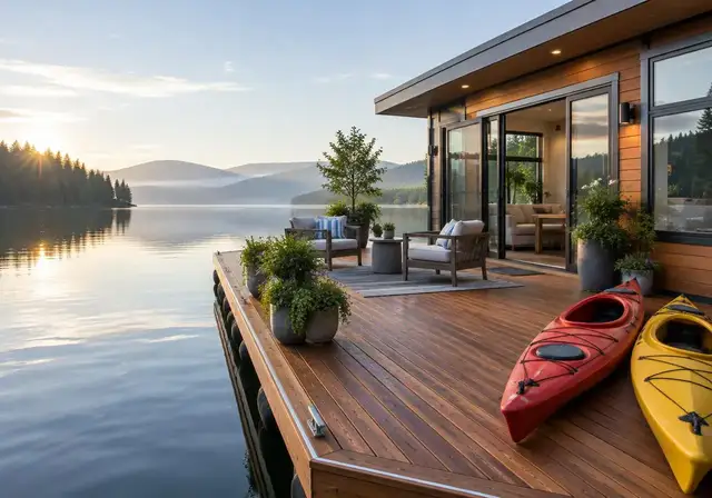 Floating home deck beside the lake