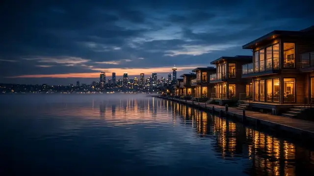 Floating homes reflected in calm lake water at dusk