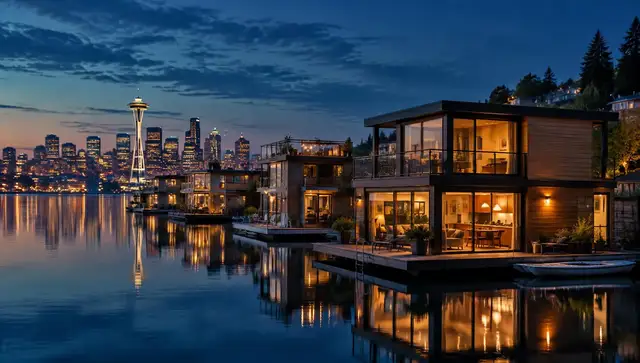 Modern floating homes at dusk with warm lights reflecting on a calm lake