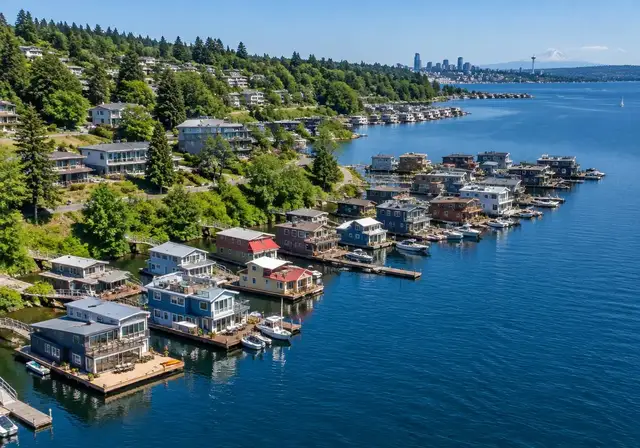 Aerial view of a lake shoreline lined with wooden docks and floating homes