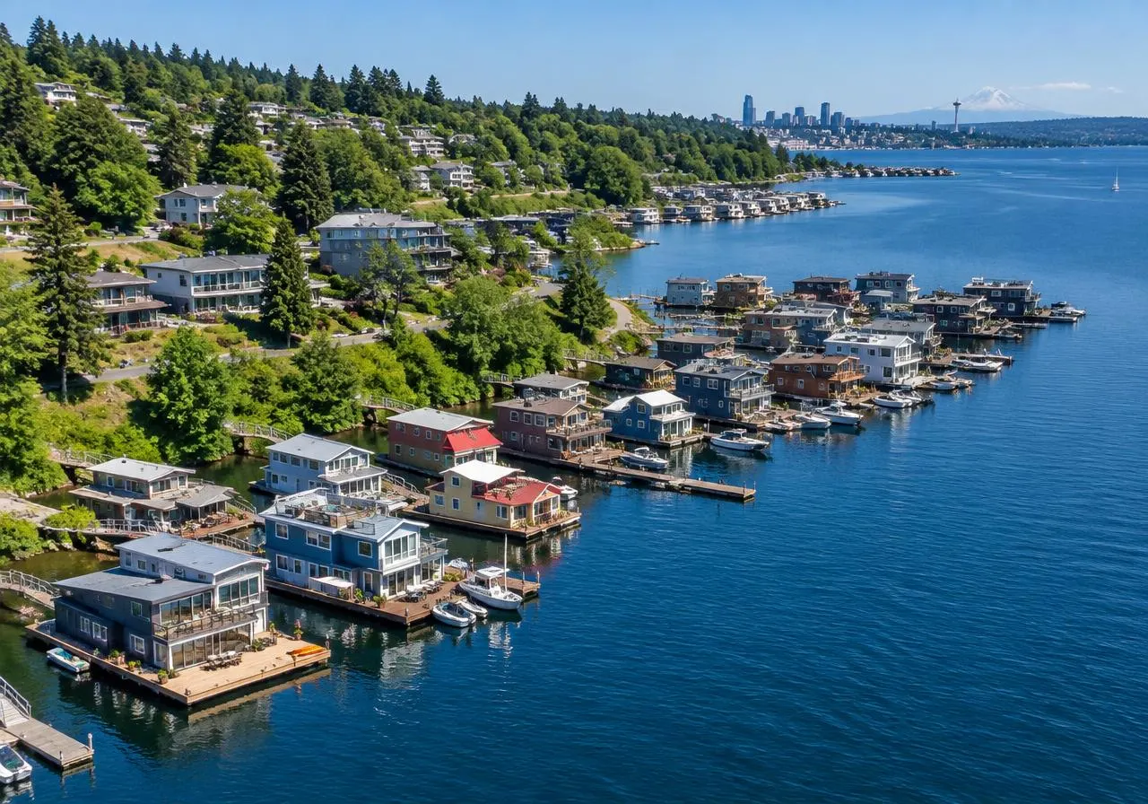 Aerial view of a lake shoreline lined with wooden docks and floating homes
