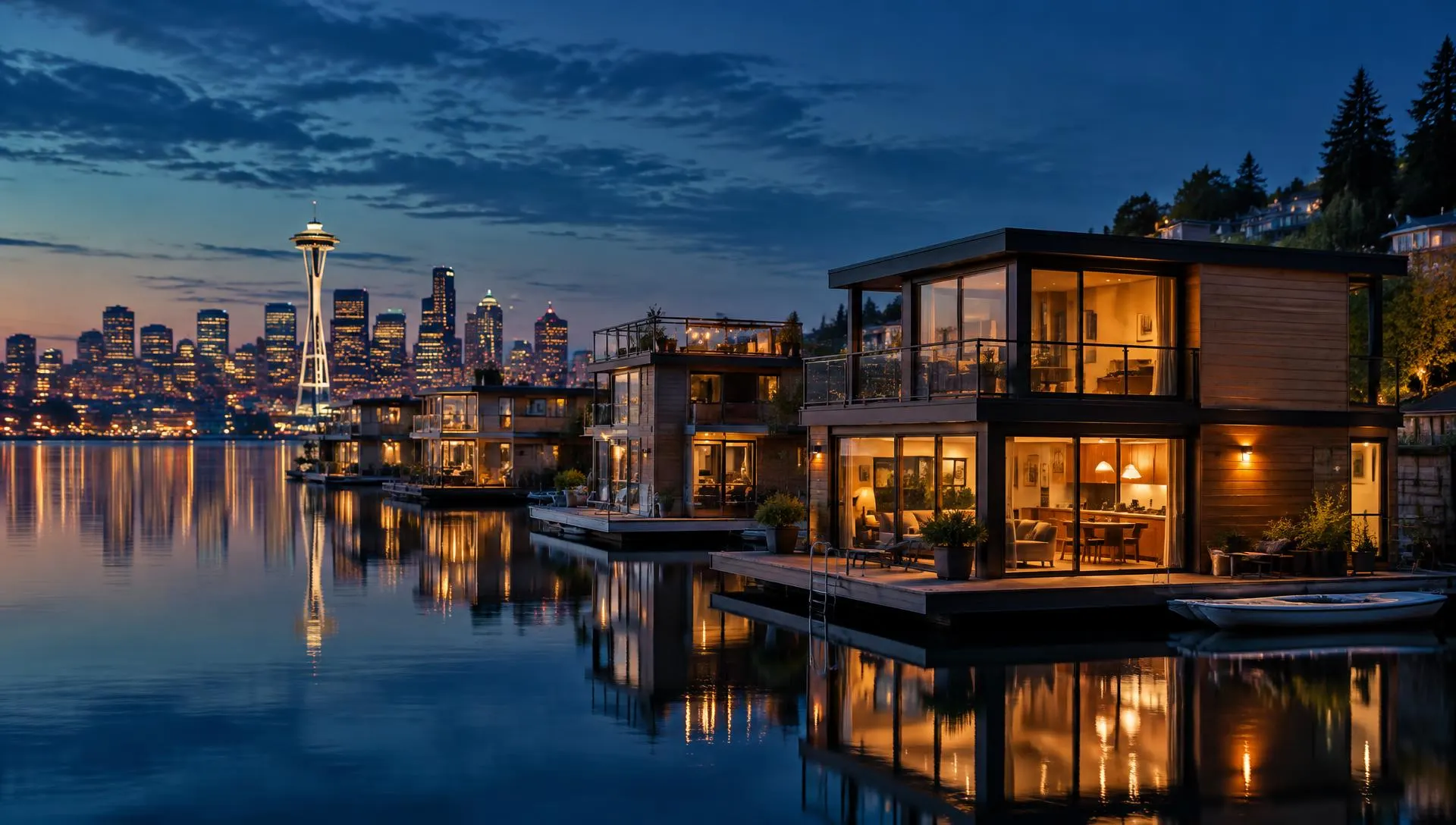 Modern floating homes at dusk with warm lights reflecting on a calm lake