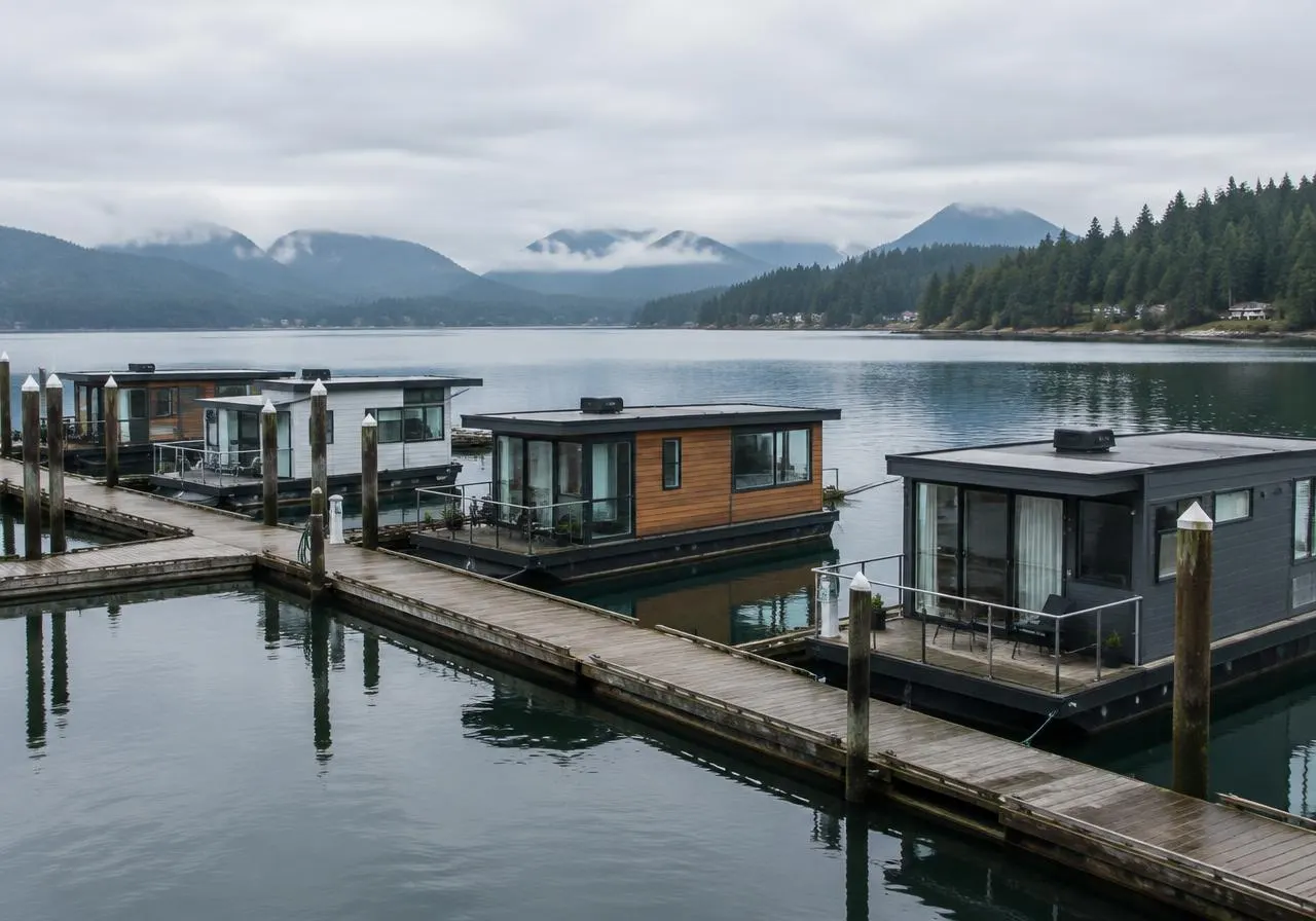 Marina with boxy modern houseboats moored in slips along a wooden pier